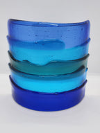 Blue fused glass Landscape Luminary with layered translucent glass designed to display candlelight or brighten a windowsill with soft natural light.
