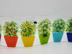 Fused glass Flower Pot Waves featuring rainbow flower pots with blooming greenery on a gently curved glass panel for home decor.